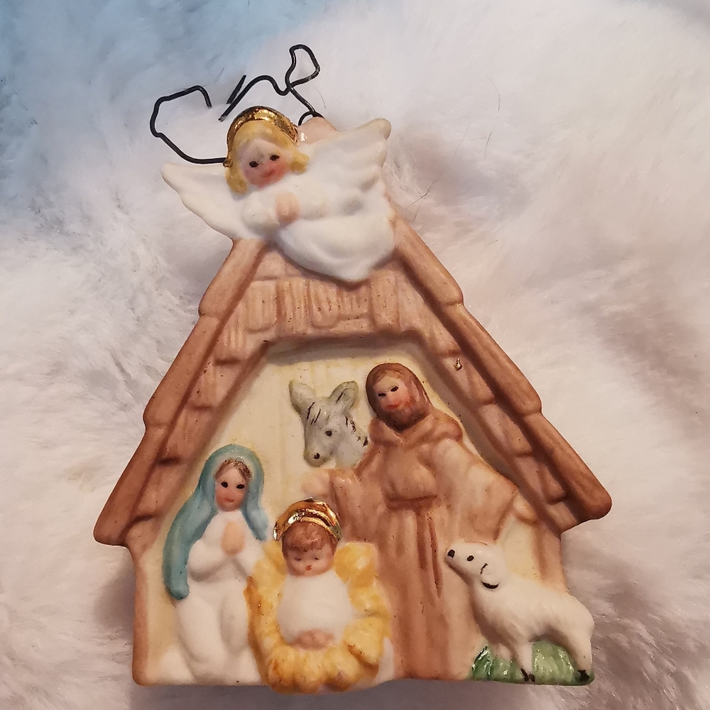 RARE Jean Hook Porcelain Nativity Manger Christmas Ornament, with Angel, marking